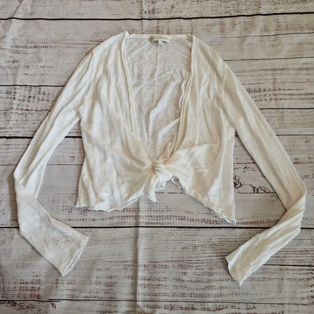 White + Warren White Linen Cropped Swing Cardigan Womens Large